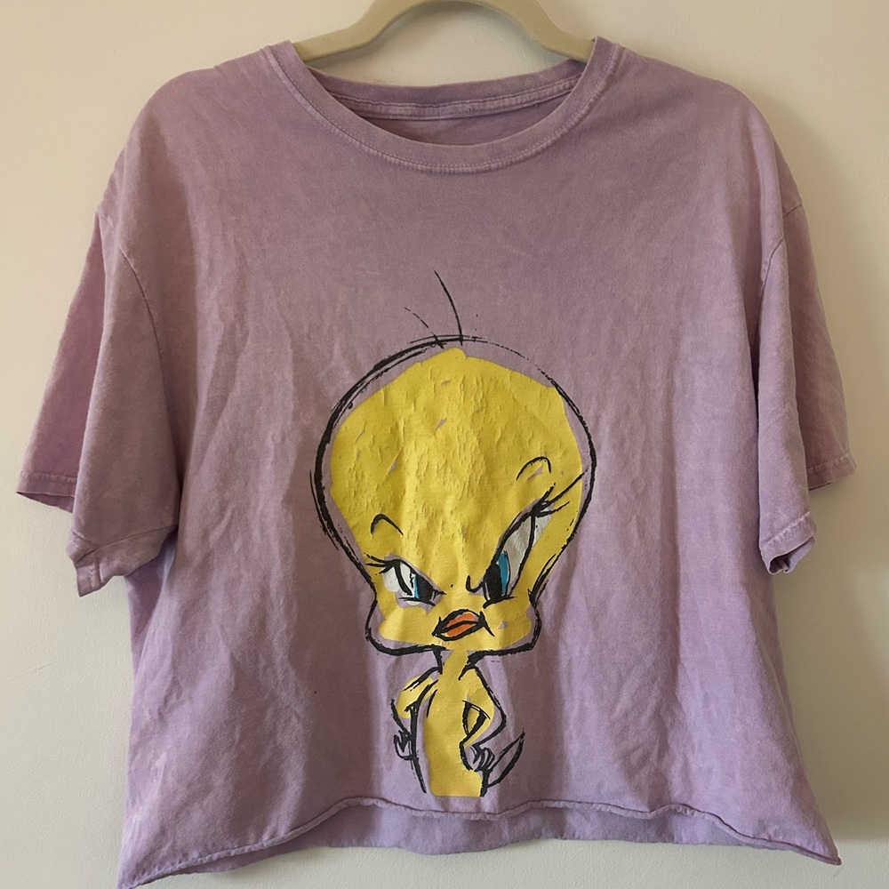 Lilac Cropped Tweety Bird Graphic Tee - Distressed - Large